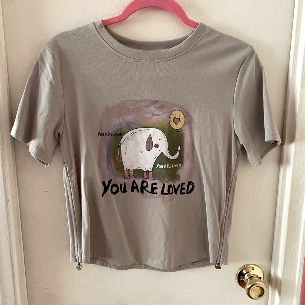 Elephant Print “You Are Loved” Grey/Beige T-shirt w Drawstring Sides